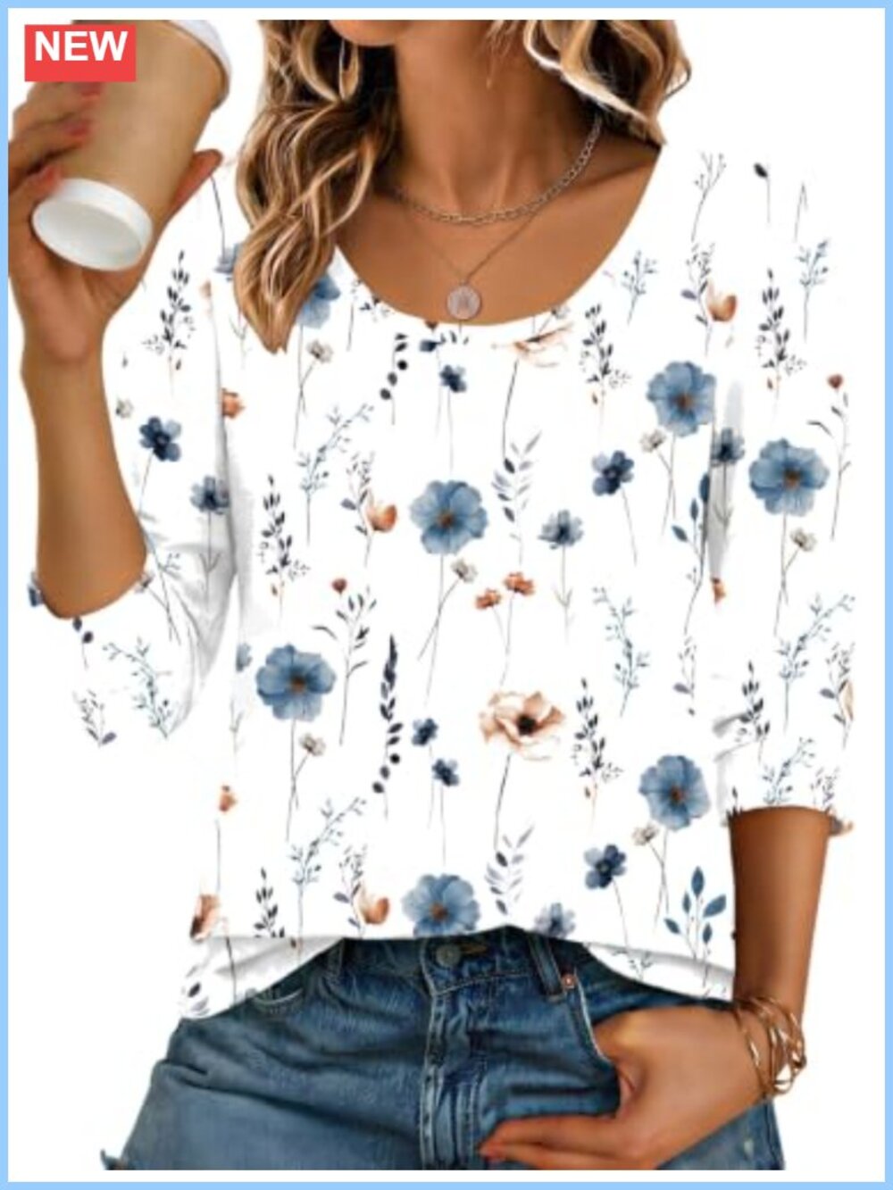3/4 Sleeve Scoop Neck Casual Basic Tee Slim Fit T-Shirt Women's Top